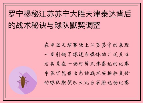 罗宁揭秘江苏苏宁大胜天津泰达背后的战术秘诀与球队默契调整