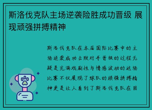 斯洛伐克队主场逆袭险胜成功晋级 展现顽强拼搏精神