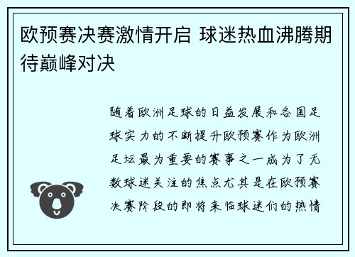 欧预赛决赛激情开启 球迷热血沸腾期待巅峰对决