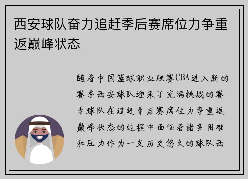 西安球队奋力追赶季后赛席位力争重返巅峰状态