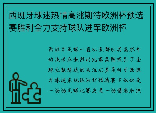 西班牙球迷热情高涨期待欧洲杯预选赛胜利全力支持球队进军欧洲杯