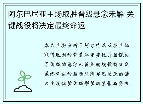 阿尔巴尼亚主场取胜晋级悬念未解 关键战役将决定最终命运