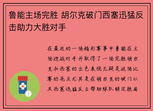 鲁能主场完胜 胡尔克破门西塞迅猛反击助力大胜对手
